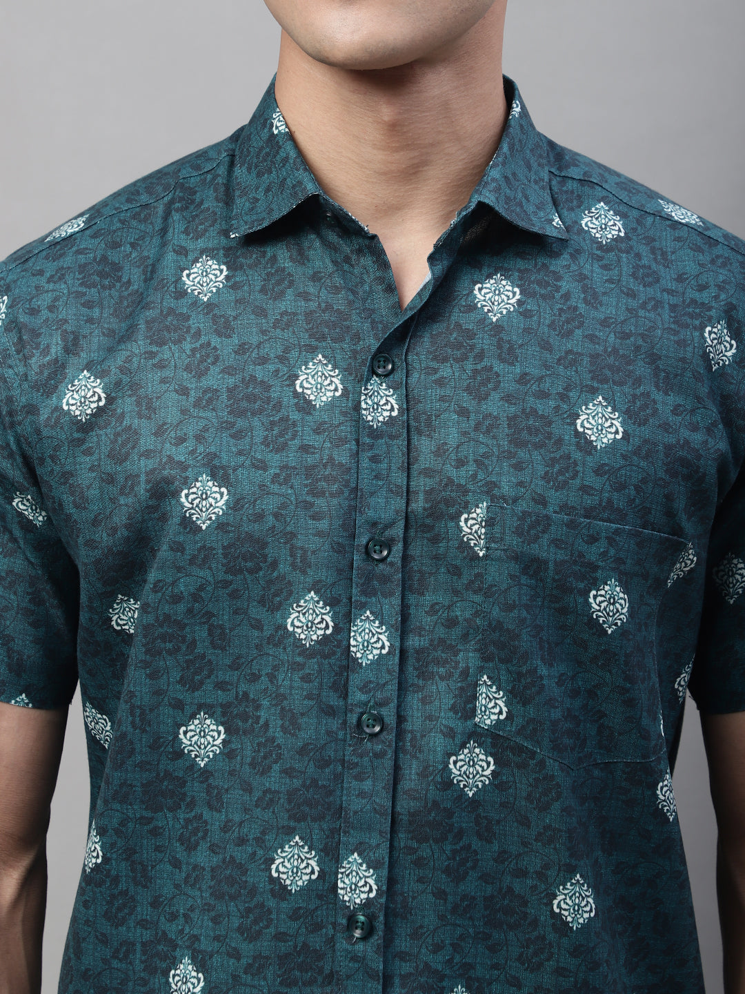 Louis Monarch Men Regular Fit Green Printed Spread Collar Casual Half Shirt